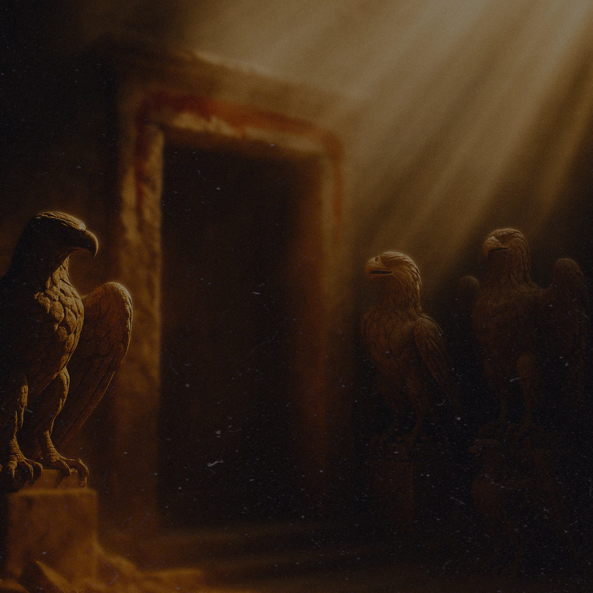 A moody, sepia-toned artwork showing several stone eagle statues in a dim interior with dramatic light rays streaming in from the upper right.